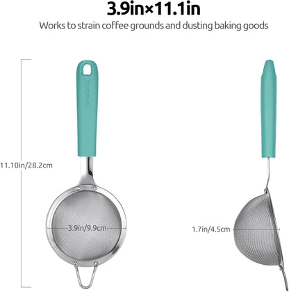 18/8 Stainless Steel Mesh Strainer: U-Taste 5.5 Inch Kitchen Fine Mesh Sieve Food Colander with Riveted Sturdy Silicone Handle and 30 Mesh Hole for Straining Flour, Pasta, Fruit, Quinoa(Aqua Sky)