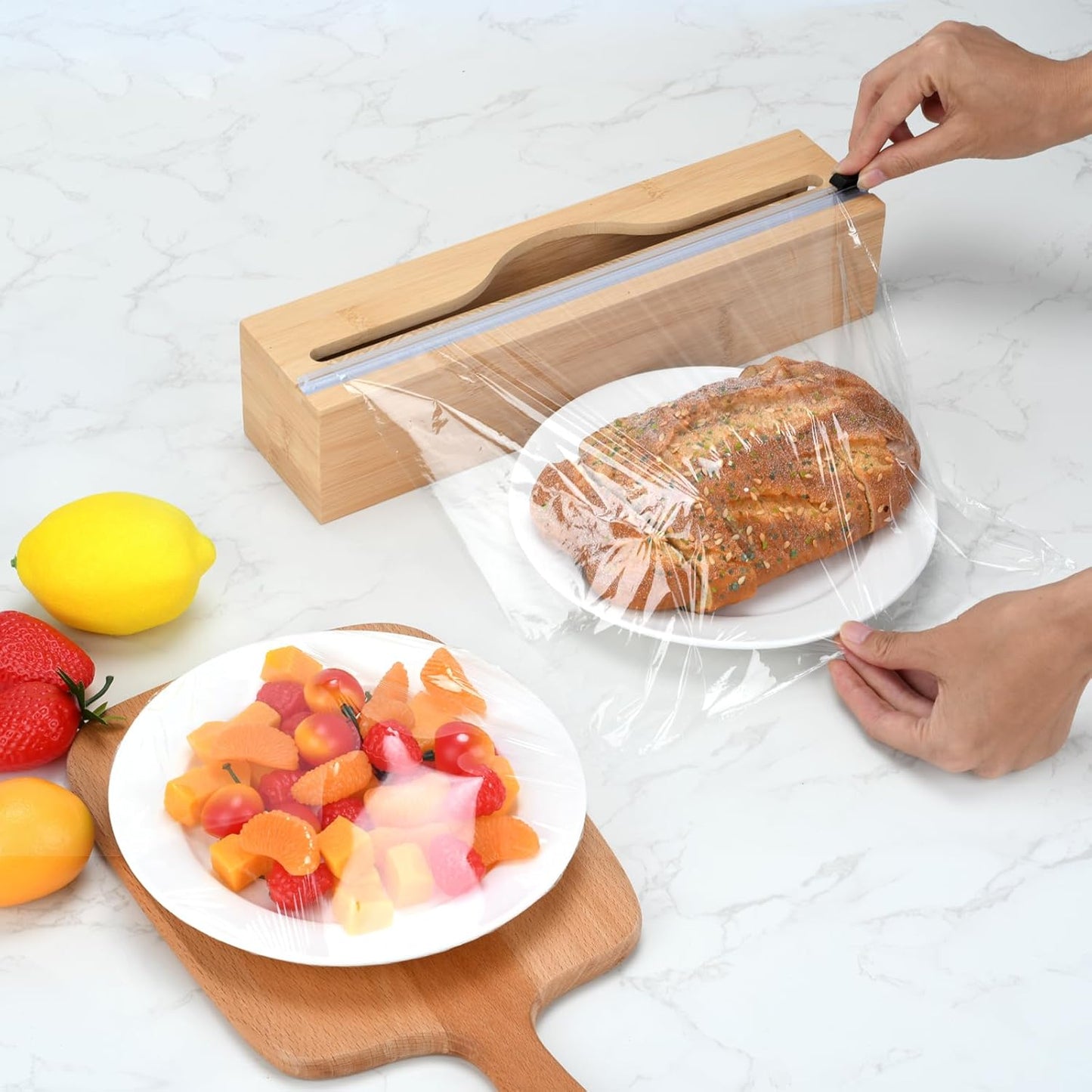 Plastic Wrap Dispenser with Cutter,Cling Wrap with Slide Cutter for Kitchen Storage Organization Holder for 12" Roll