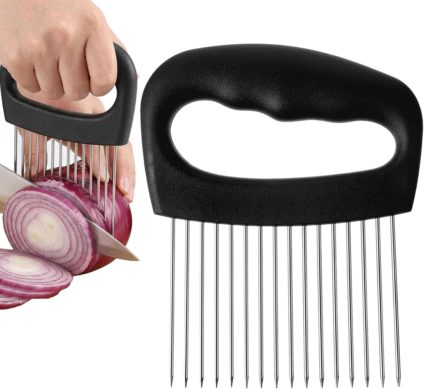 Onion Slicer Holder Extra Large Onion Holder for Slicing Tomato Slicer With 16 Long Needles Vegetable Chopper Tomato Potato Meat Tenderizer Stainless Steel Black