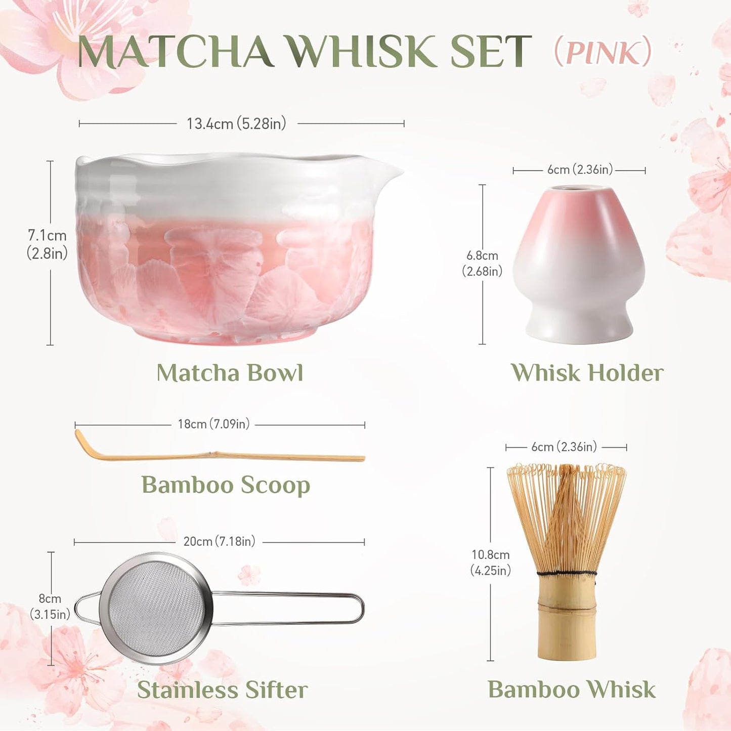 Matcha Whisk Set: Matcha Set with Bamboo Matcha Whisk and Ceramic Holder,Bamboo Scoop+Wooden Spoon,Scoop Holder,Sifter - Cute Matcha Tea Set - 6 Pcs Matcha Kit - Tools for Matchas Ceremonial Grade Kit