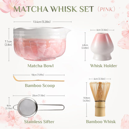 Matcha Whisk Set: Matcha Set with Bamboo Matcha Whisk and Ceramic Holder,Bamboo Scoop+Wooden Spoon,Scoop Holder,Sifter - Cute Matcha Tea Set - 6 Pcs Matcha Kit - Tools for Matchas Ceremonial Grade Kit