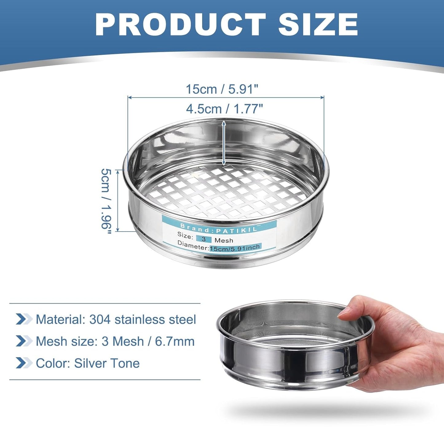 PATIKIL 220 Mesh(0.0385mm) Lab Sieve, 5.9"(15cm) Diameter Sifting Screen 304 Stainless Steel Wire Cloth Fine Mesh Sieve for Industrial Laboratory Home Soil Sifter Dry Sift Screens Hash - Colors A
