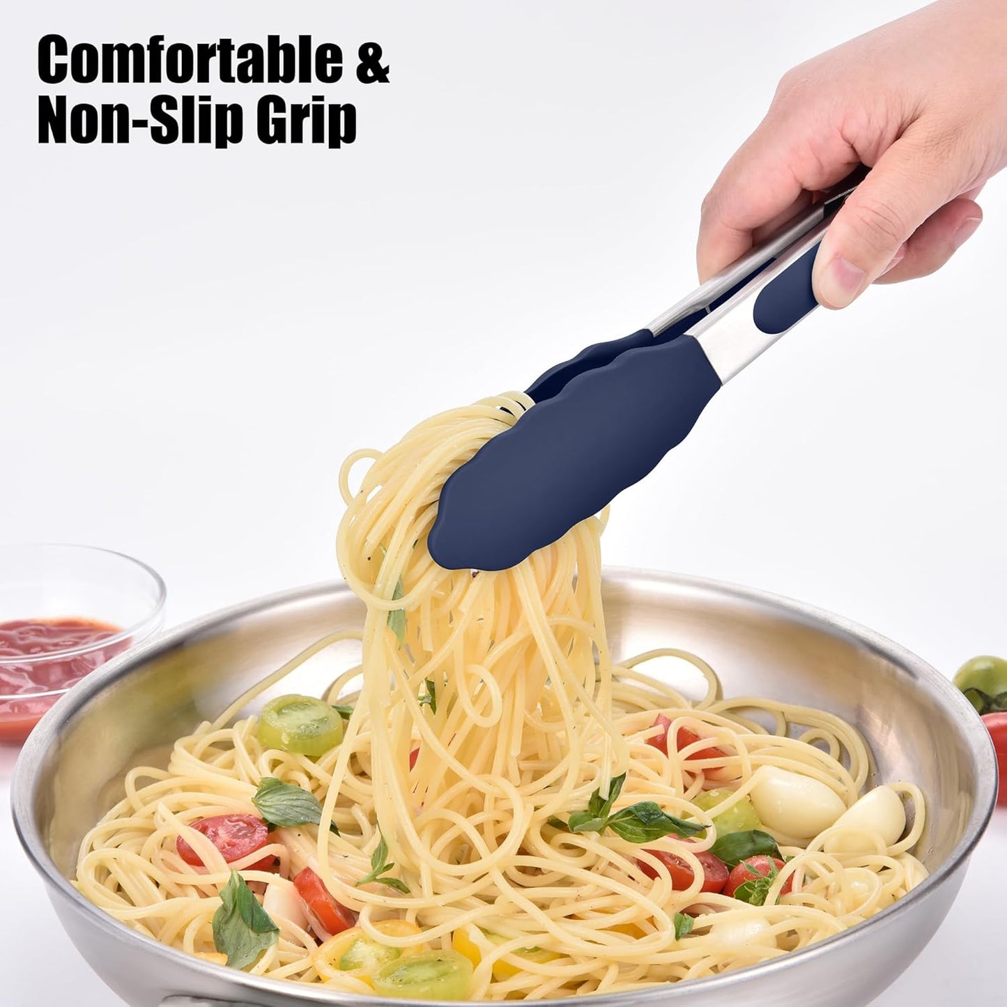 Doosu Kitchen Tongs for Cooking - 600°F Heat Resistant Food Tong Set with Non-Scratch Silicone Tips, Heavy Duty Stainless Steel Locking Tong for BBQ, Grilling Steak, Serving (7+9+12in, Navy Blue)
