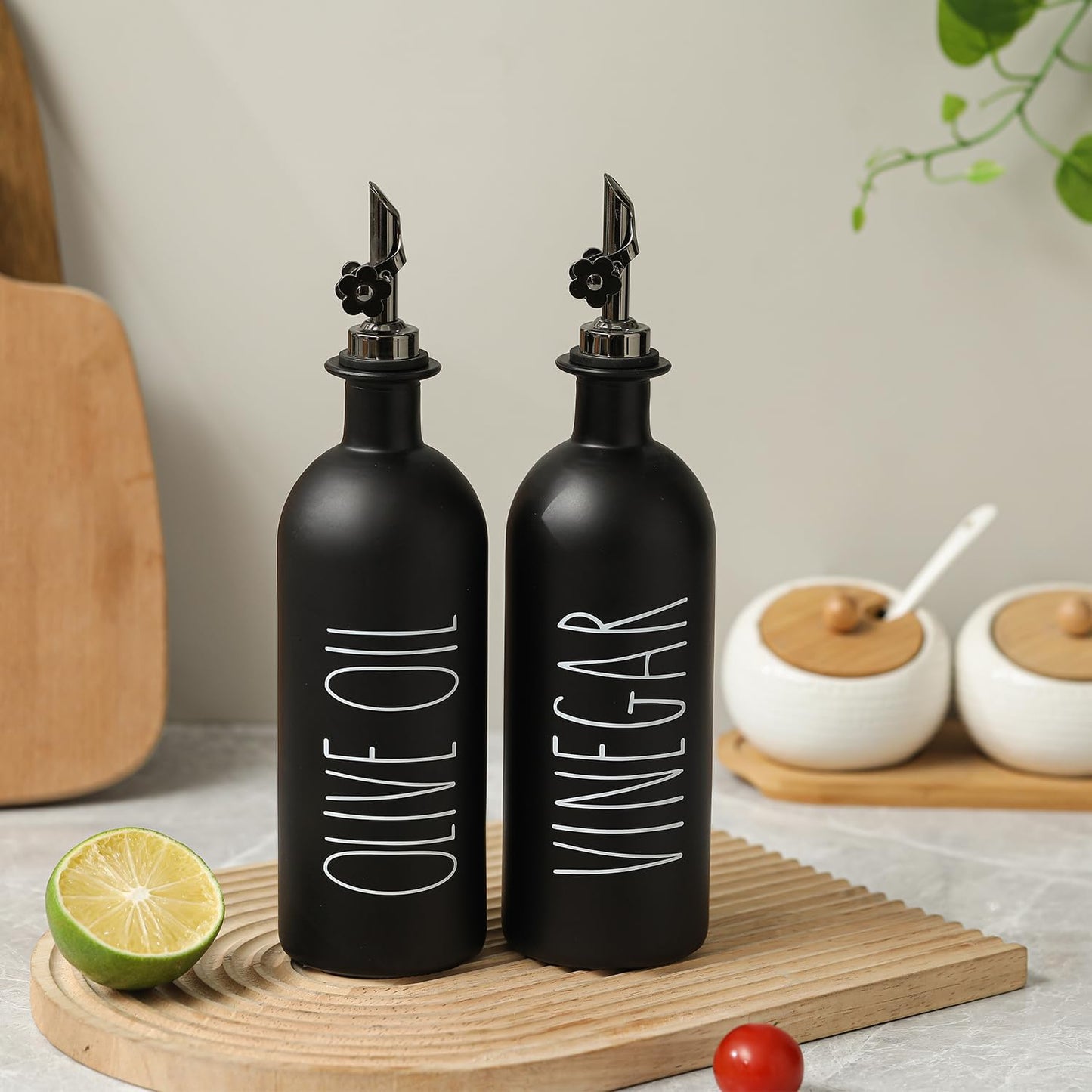 HOMCDALY Premium Olive Oil Dispenser for Kitchen, 11.8oz Glass Oil Bottles with Bamboo Tray, White and Gold Oil&Vinegar Cruet Set, Kitchen Dispenser Bottles with Pourer| Set of 2 (11.8oz –P–Gold)