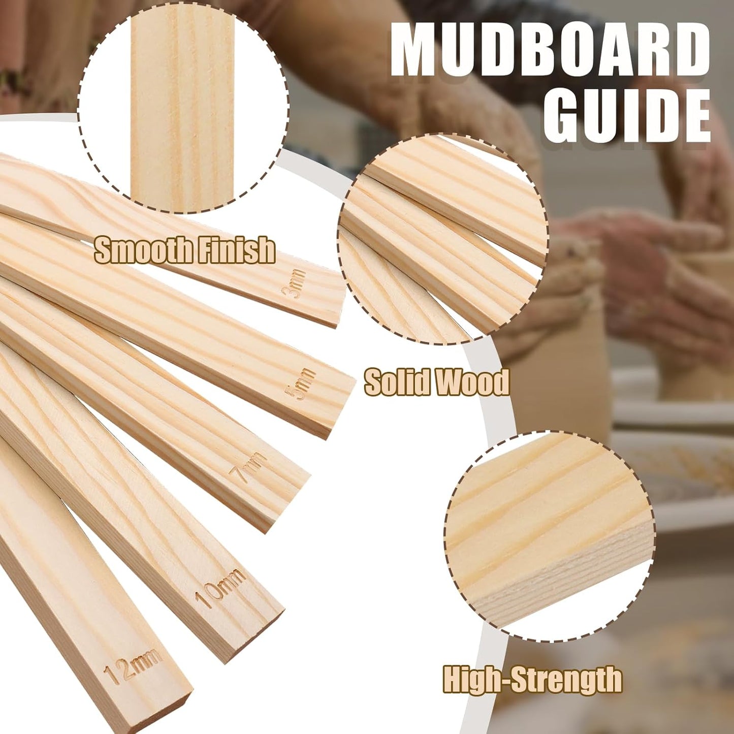 suiwotin 11pcs Wooden Pottery Teaching Kit - 10pcs 5-Size Clay Thickness Guides with 1pc Rolling Pin for Clay Art, Ceramics & DIY Craft Projects