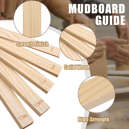 suiwotin 11pcs Wooden Pottery Teaching Kit - 10pcs 5-Size Clay Thickness Guides with 1pc Rolling Pin for Clay Art, Ceramics & DIY Craft Projects