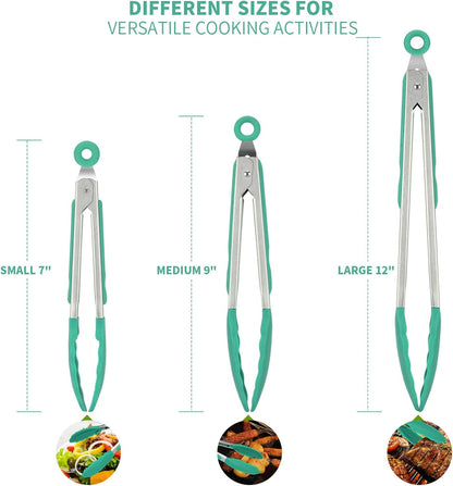 600ºF Heat Resistant Kitchen Tongs: U-Taste 7/9/12 inch Silicone Cooking Tong Set with Non Stick Rubber Tips and Silicon Coated 18/8 Stainless Steel Handle for Serving Grilling Salad(Midnight Blue)