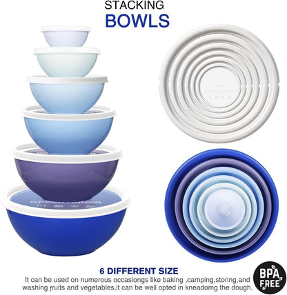 Greentainer Plastic Mixing Bowls with Lids Set for Kitchen, 6 Set Nesting Bowls for Mixing, Baking, Prepping, Cooking and Serving Food, Mixing Bowls Dishwasher, Microwave Safe
