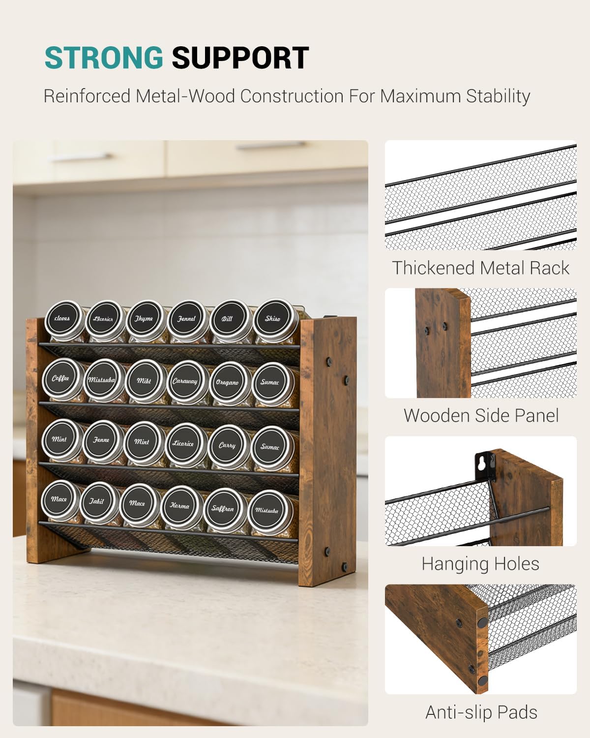 NESAPTO Spice Rack Organizer for Cabinet, Wood 4-Tier Vertical Seasoning Organizer, Wall Mount or Countertop Spice Shelf, Holds 28 Jars (No Jars Included), 14" W x 9.4" H