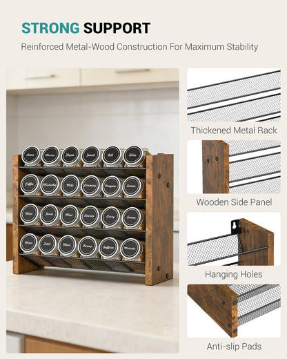 NESAPTO Spice Rack Organizer for Cabinet, Wood 4-Tier Vertical Seasoning Organizer, Wall Mount or Countertop Spice Shelf, Holds 28 Jars (No Jars Included), 14" W x 9.4" H