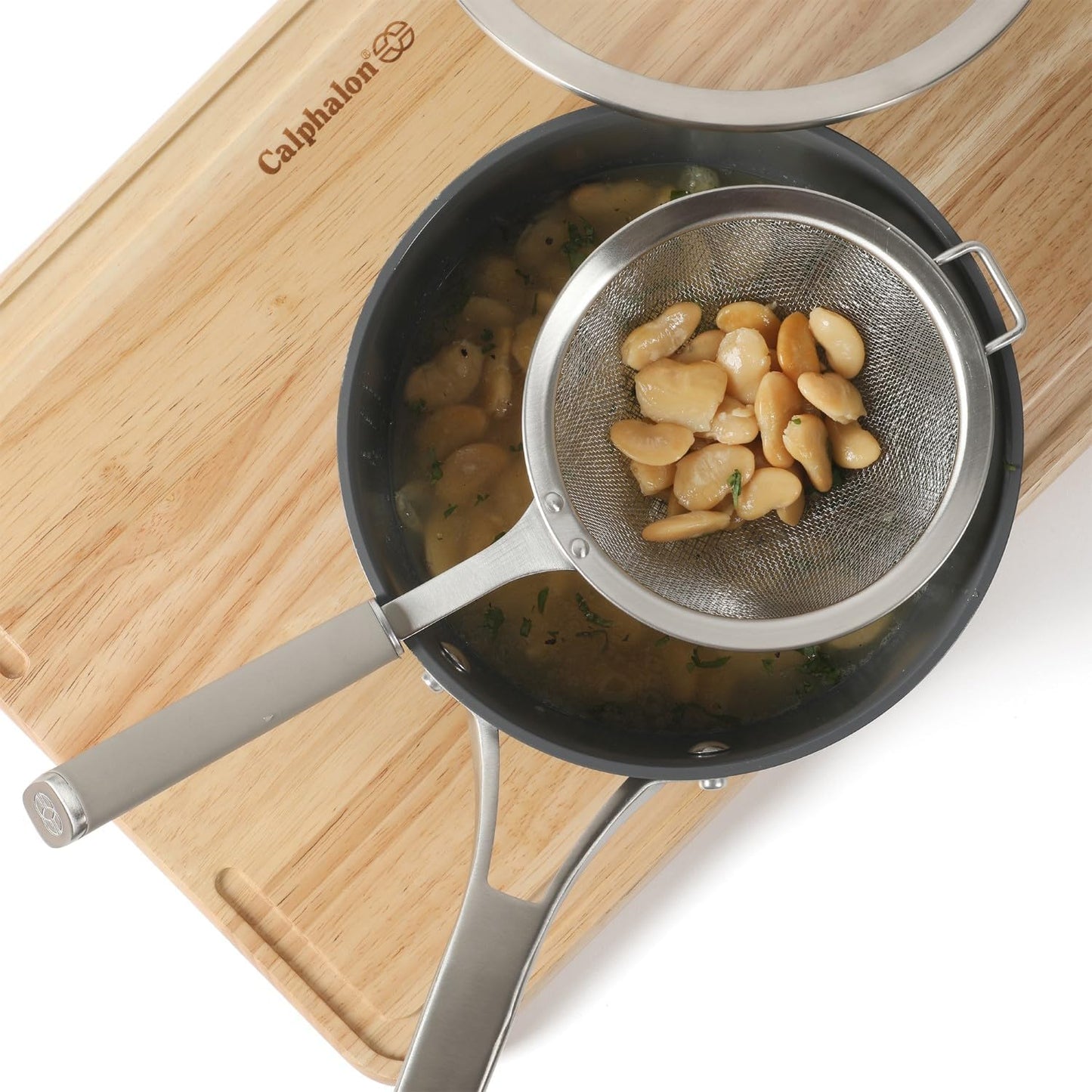 Calphalon Edge Stainless Steel Strainer, Fine Mesh Kitchen Colander Strainer with Thermoplastic Rubber Handle, Sifter for Rinsing, Draining & Straining Food, Navy