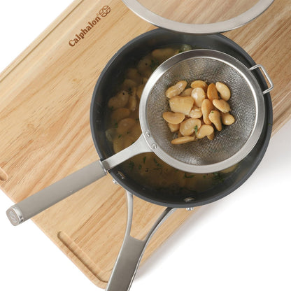 Calphalon Edge Stainless Steel Strainer, Fine Mesh Kitchen Colander Strainer with Thermoplastic Rubber Handle, Sifter for Rinsing, Draining & Straining Food, Navy