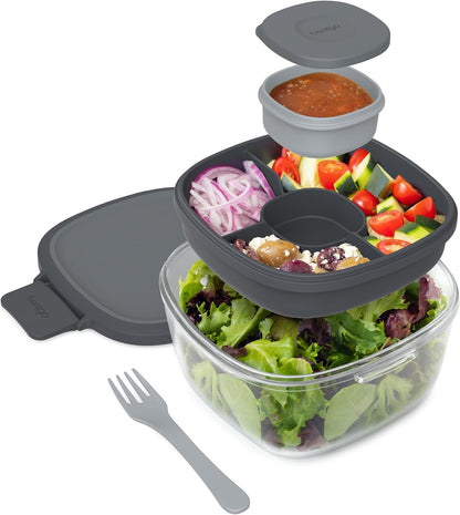 Bentgo Glass Prints Salad Container - 7.6-Cup Tinted Glass Salad Bowl with Airtight Lid, Leak-Proof Sauce Container, 4-Compartment Bento Meal Prep Tray & Reusable Fork (Floral Maximalist - Sea)