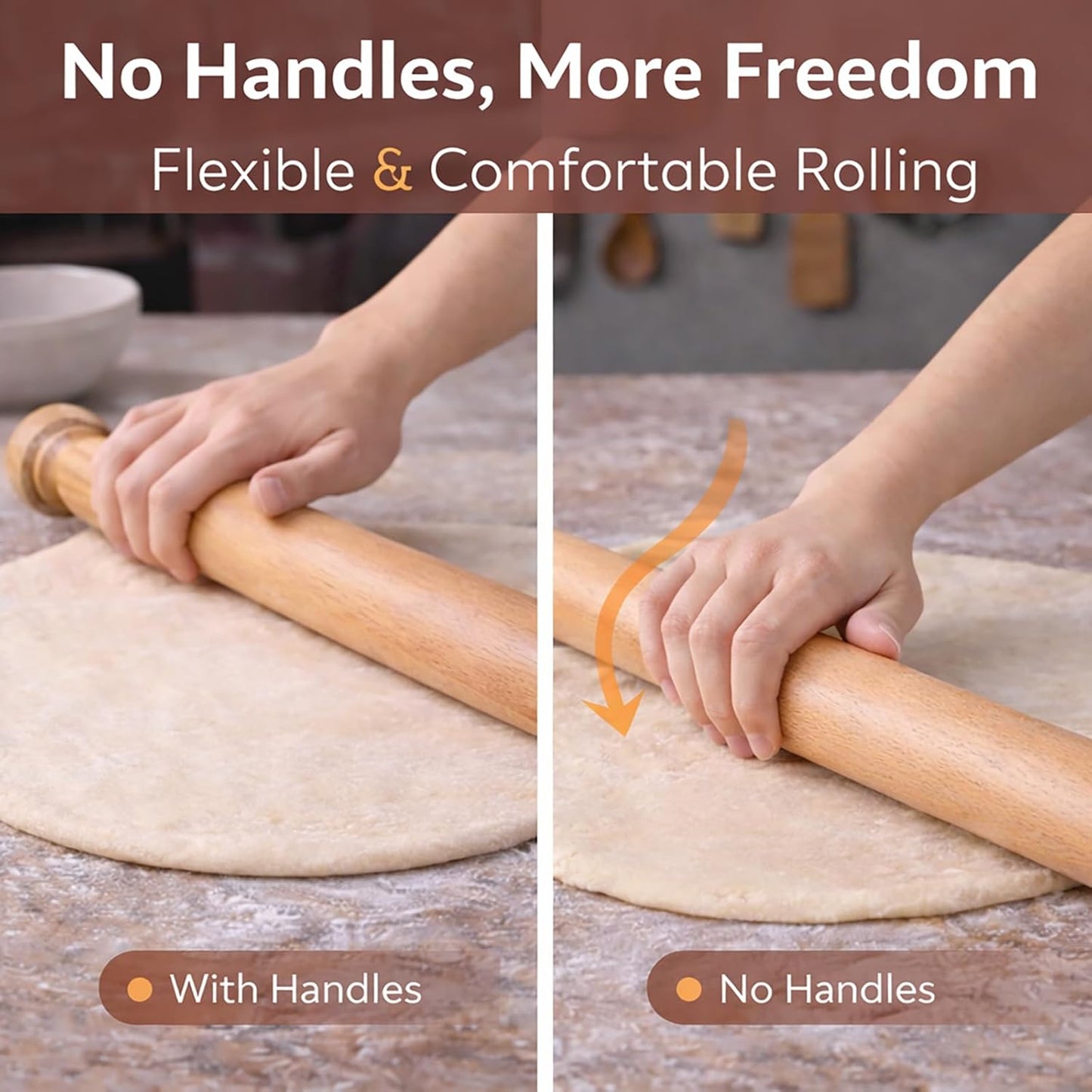 17 Inch French Rolling Pin, Wooden Dough Roller for Baking, Solid Wood Tapered Rolling Pin for Pizza, Pie Crust, Cookies, Pastry, Non-Stick, Easy Control Kitchen Baking Tool, European Beech Wood