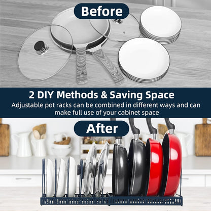 Pot Rack Organizer -Expandable Pot and Pan Organizer for Cabinet,Pot Lid Organizer Holder with 10 Adjustable Compartment for Kitchen Cabinet Cookware Baking Frying Rack,Bronze
