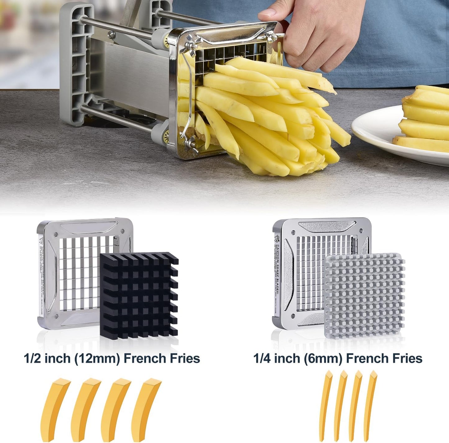 French Fry Cutter, Sopito Professional Potato Cutter Stainless Steel with 1/2-Inch and 3/8-Inch Blade Great for Potatoes Carrots Cucumbers