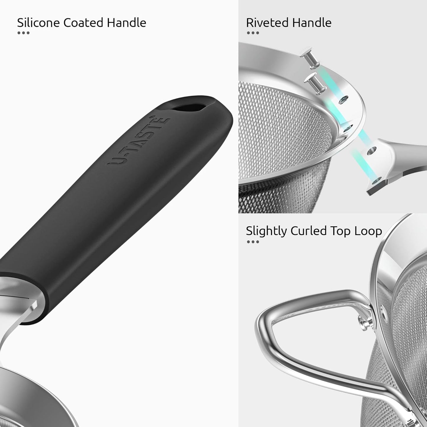 18/8 Stainless Steel Mesh Strainer: U-Taste 5.5 Inch Kitchen Fine Mesh Sieve Food Colander with Riveted Sturdy Silicone Handle and 30 Mesh Hole for Straining Flour, Pasta, Fruit, Quinoa(Aqua Sky)