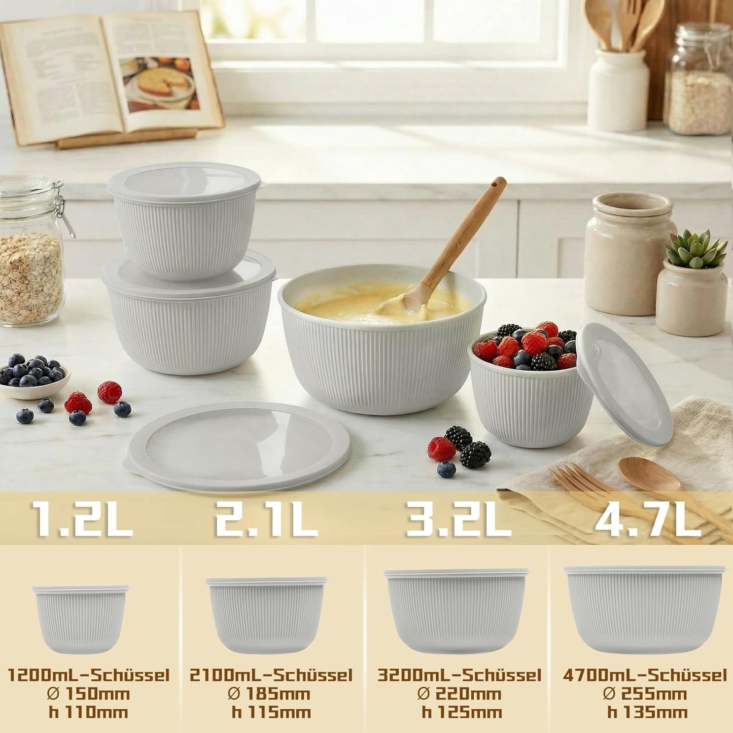 BoxedHome Mixing Bowls with Lids - 8 Piece Plastic Nesting Bowls Set includes 4 Prep Bowls and 4 Lids, Microwave and Dishwasher Safe, Green
