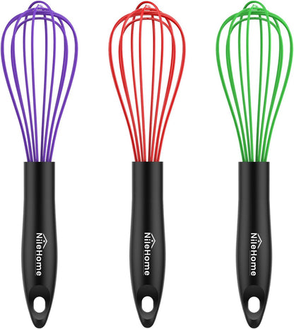 NileHome Silicone Whisk Set 8" 10" 12" Kitchen Whisk Kitchen Wisk Wire Whisks for Cooking, Whisking, Blending, Beating, Stirring-Black 3 Pack