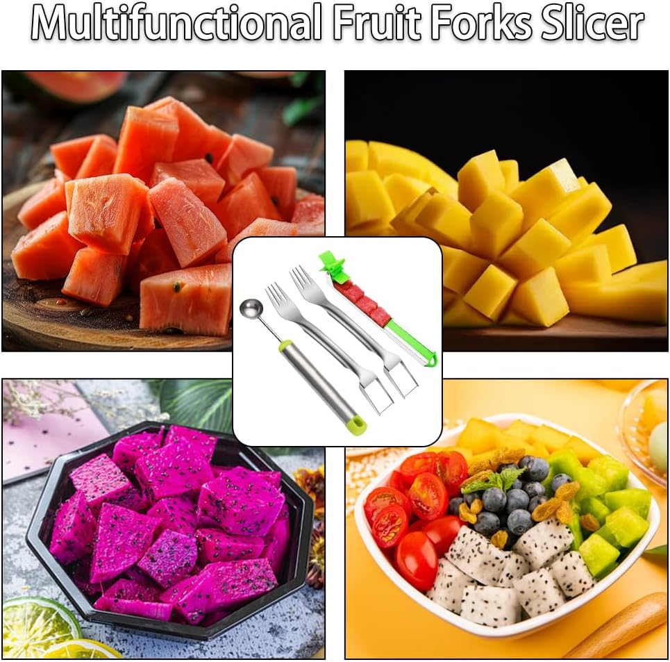 2PCS Watermelon Fork Slicer Cutter，Watermelon Fruit Tools with Melon Baller Scooper, Abnaok Stainless Steel 2-in-1 Watermelon Fork Knife, Portable Dual Head Fruit Forks for Home Party Kitchen Gadget