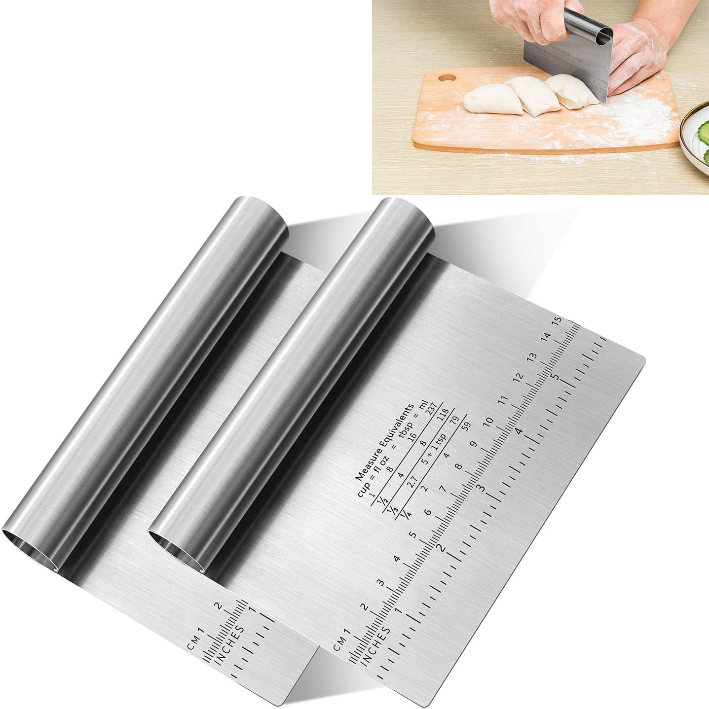 Pro Dough Pastry Scraper/Cutter/Chopper Stainless Steel Mirror Polished with Measuring Scale Multipurpose- Cake, Pizza Cutter - Pastry Bread Separator Scale Knife 2PCS