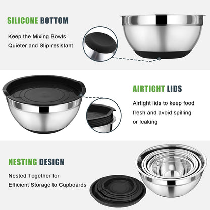 P&P CHEF Mixing Bowl with Lid Set, 5 Piece Stainless Steel Mixing Nesting Bowls for Salad Storage, 3 Grater Attachments & Non-Slip Bottoms, Size 1/1.5/2 / 2.6/4.6 QT, Multicolor