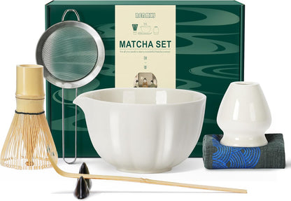 Renmxj Matcha Whisk Set,7 PCS Ceramic Matcha Kit Includes Matcha Bowl with Spout, Matcha Whisk and Holder, Bamboo Scoop, Stainless Sifter, Tea Towel, Unique Gift for Matcha Lovers (Pink)