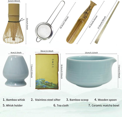 Matcha Whisk Set, Matcha Bowl with Spout, Bamboo Whisk, Scoop, Sifter, Whisk Holder – Unique Gift for Women, Men, Friends – Home & Kitchen Décor, Perfect for Christmas, Birthdays, Halloween