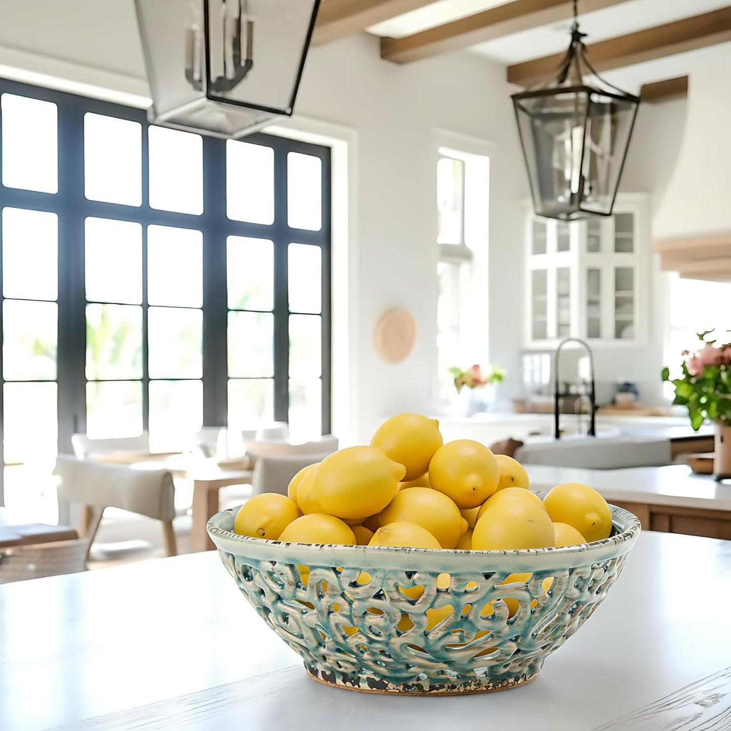SIDUCAL Ceramic Fruit Bowl for Kitchen Counter,Decorative Fruit Basket with Holes, 10.43" Large Hollow Out Fruit Vegetable Holder Bowl for Table Decor, Gray