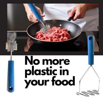 Stainless Steel Mini Meat Chopper & Masher | 6-Blade Ground Beef Chopper Tool | Small Hamburger Smasher | Compact Ergonomic Handle | Dishwasher Safe - 7" (Retro Orange Mini)