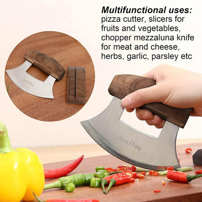 Amhoo Pizza Cutter Chef Mezzaluna Ulu Knife Handle Color Wood Grip Sharp Rocker Slicer Stainless Steel Blade Salad Onion Vegetable Chopper with Holder Base Christmas Gifts