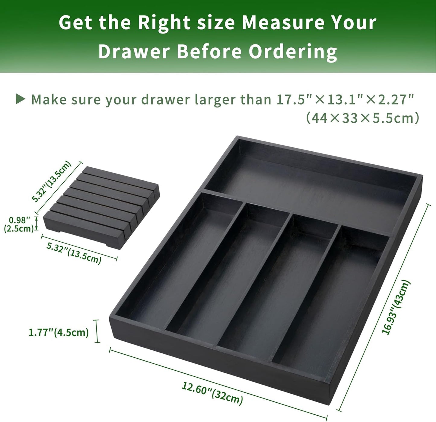VaeFae Bamboo Silverware Drawer Organizer Kitchen, Expandable Utensil Organizer with Knife Block, Cutlery Tray with Divider, Multifunctional Drawer Organizer (Black)