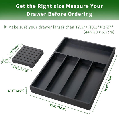 VaeFae Bamboo Silverware Drawer Organizer Kitchen, Expandable Utensil Organizer with Knife Block, Cutlery Tray with Divider, Multifunctional Drawer Organizer (Black)
