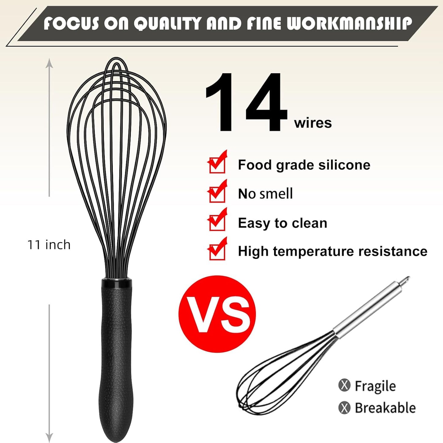 TEEVEA Silicone Whisk Set Non Scratch BPA Free for Nonstick Cookware, 3 Piece 8/10/12 Inch Stainless Steel Core Heat Resistant, Egg Beater for Cooking Baking, Black