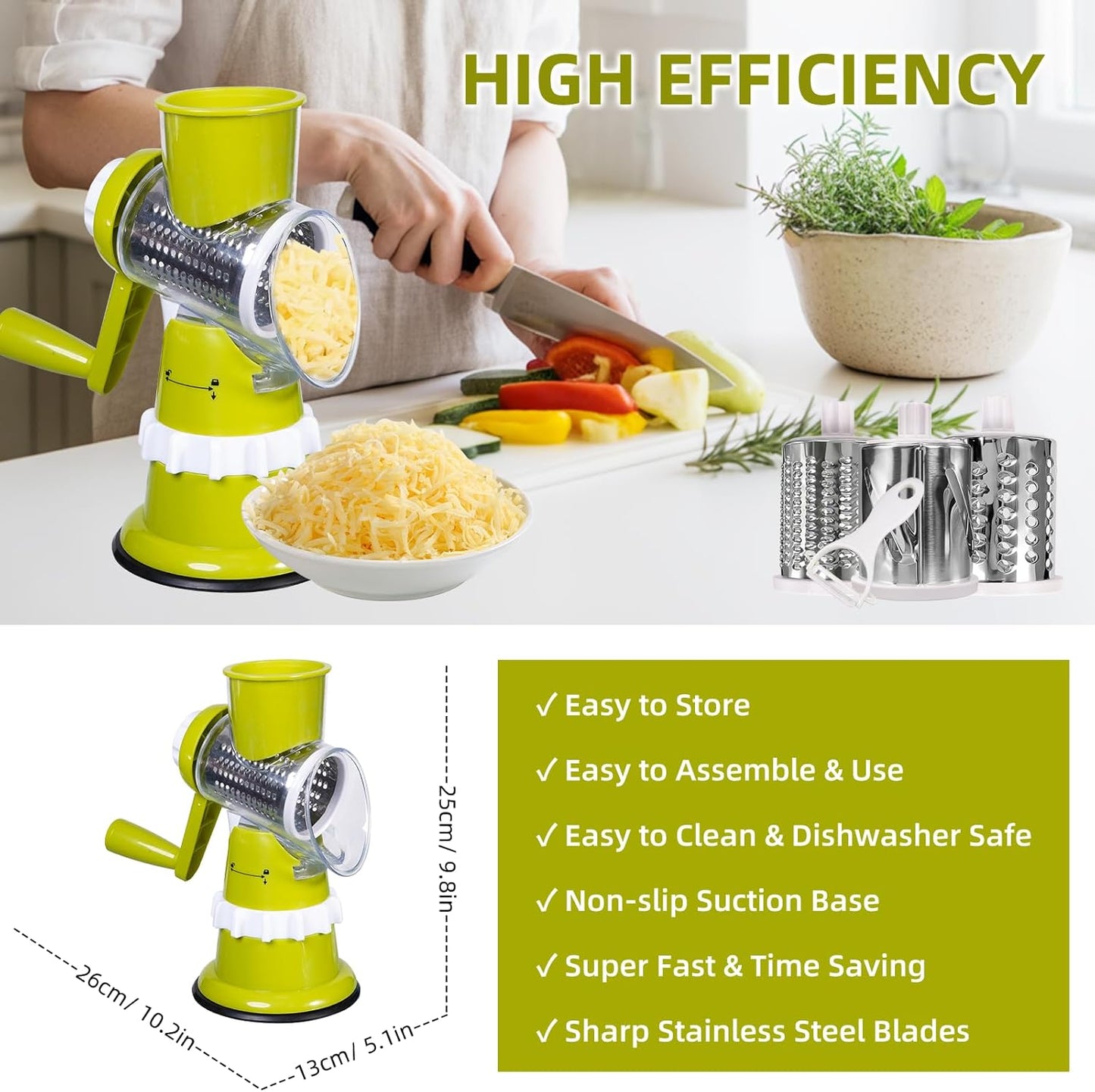 Rotary Cheese Grater, Hand Crank with Suction Base Cheese Shredder Hand Crank 3 Stainless Steel Blades, Rotary Cheese Grater with Handle, Easy to Clean, Rotary Grater for Cheese Vegetable Nuts (Red)