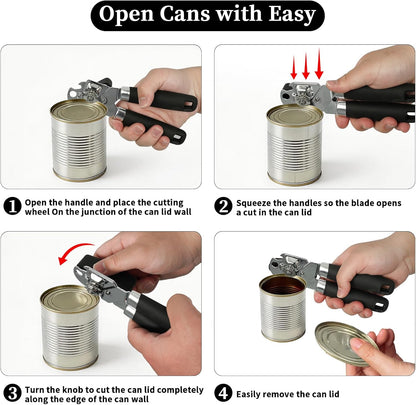 Can Opener Manual, Hand Heavy Duty Stainless Steel Bottle Opener Comfortable Handle, Sharp Blade Smooth Edge, Multifunctional Kitchen Tool, Black