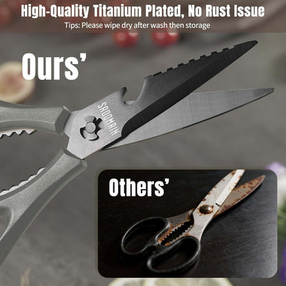 Kitchen Scissors All Purpose, Extra Sharp Kitchen Shears with Knife Sharpener & Sheath, Solid & Durable Stainless Steel Scissors with ANTI-RUST Black Titanium Plated, Dishwasher Safe - Green