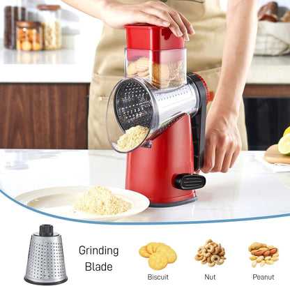 VEKAYA Rotary Cheese Grater Hand Crank with 4 Interchangeable Stainless Steel Blades, Large Manual Handle Shredder and Waffle Slicer for Vegetables, Cheese and Nuts with Table Suction Base(Blue)