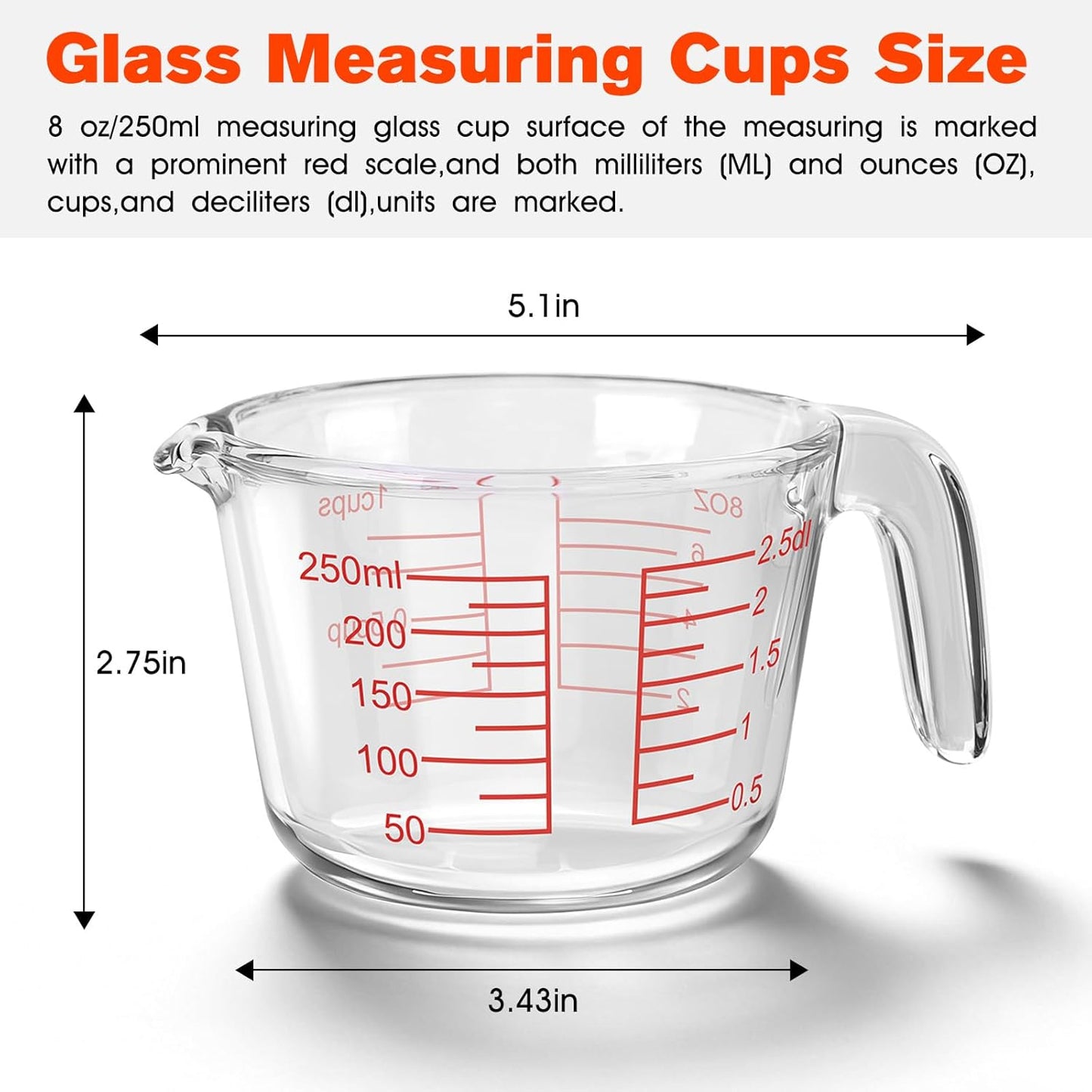 1 Cup Glass Measuring Cups,Clear Borosilicate Glass Liquid Measuring Cup for Kitchen & Baking Microwave Oven Dishwasher Safe Measuring Cups,8 oz/250ml Glass Measuring Cup