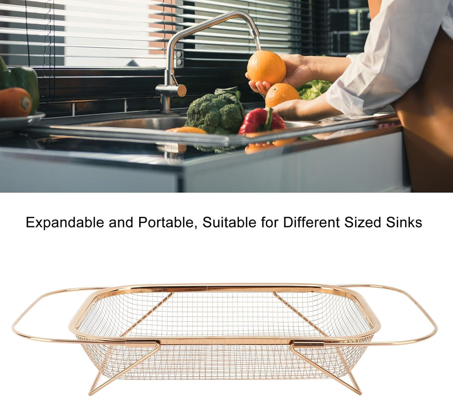 Yosoo Expandable Stainless Steel Colander, Over The Sink Colander with Fine Mesh Basket Kitchen Strainer for Strain Drain Rinse Vegetables Fruits Dishes (Silver)