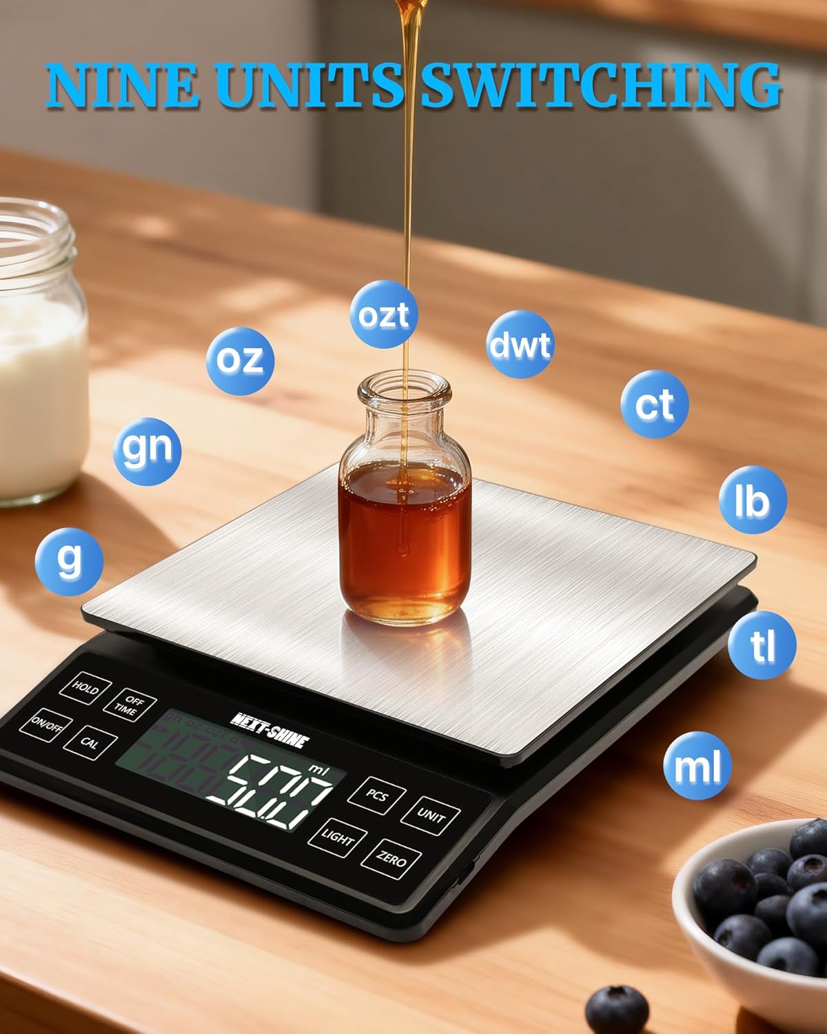 Food Kitchen Scale 11lb, 0.1g/0.01oz Precise Graduation Rechargeable Digital Scale with Nine Units Large Tray Stainless Steel Platform LCD Display for Meal Prep Cooking Baking