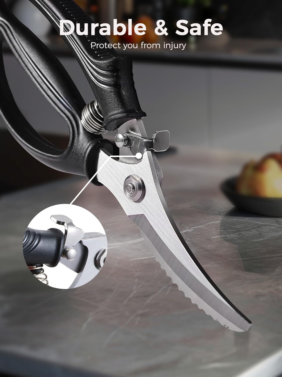 Poultry Shears, Heavy Duty Kitchen Shears With Anti-Slip Handle & Safety Lock, Poultry Scissors for Meat, Chicken, Bone,Turkey, Fish, Spring Loaded, Dishwasher Safe