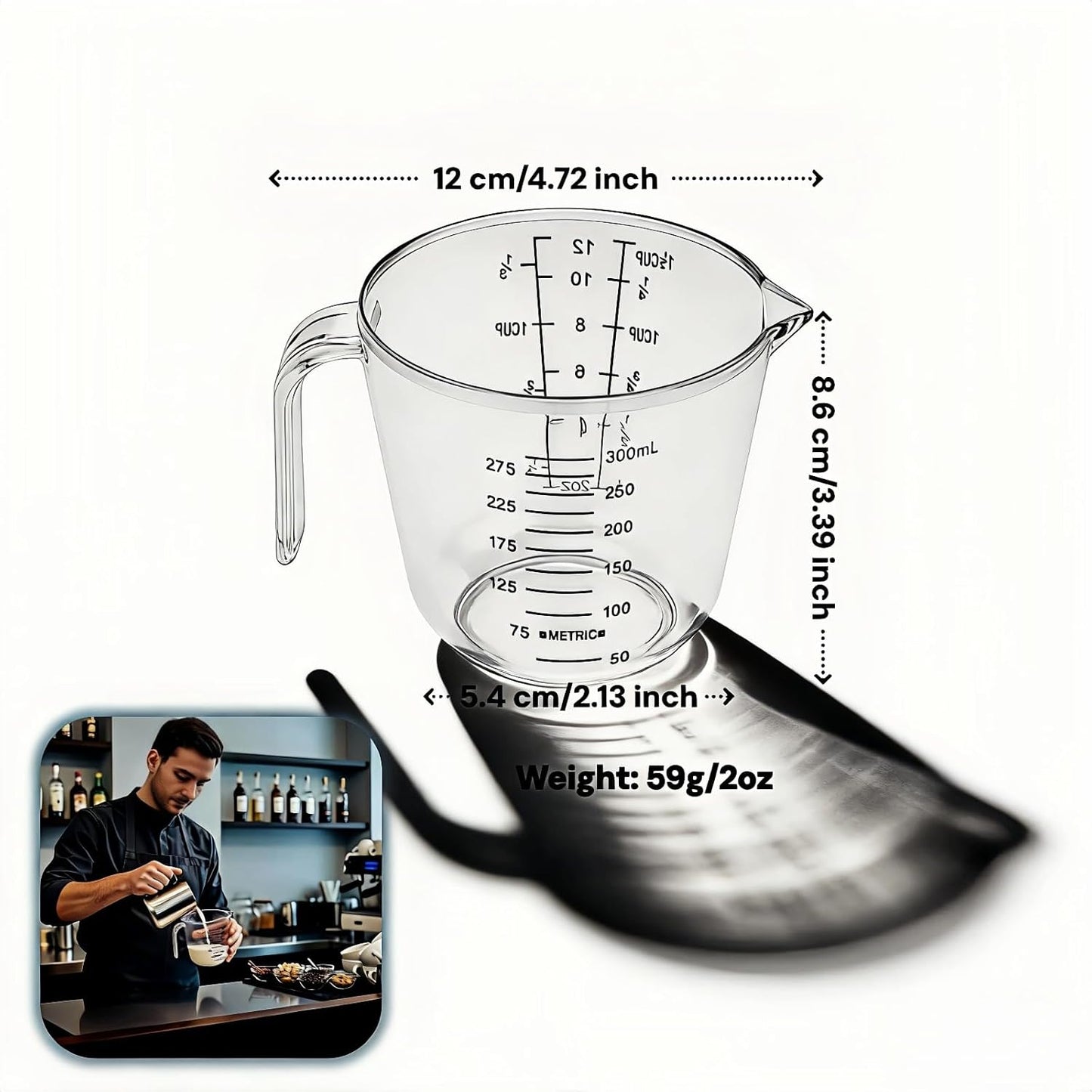 BPA-Free Plastic Measuring Cup 300ml/1 ½ Cup – Clear with Dual ml/cup Marks, Heat-Resistant 0-176°F, V-Shaped Spout for Drip-Free Pouring, Comfort Grip Handle for Baking & Cooking