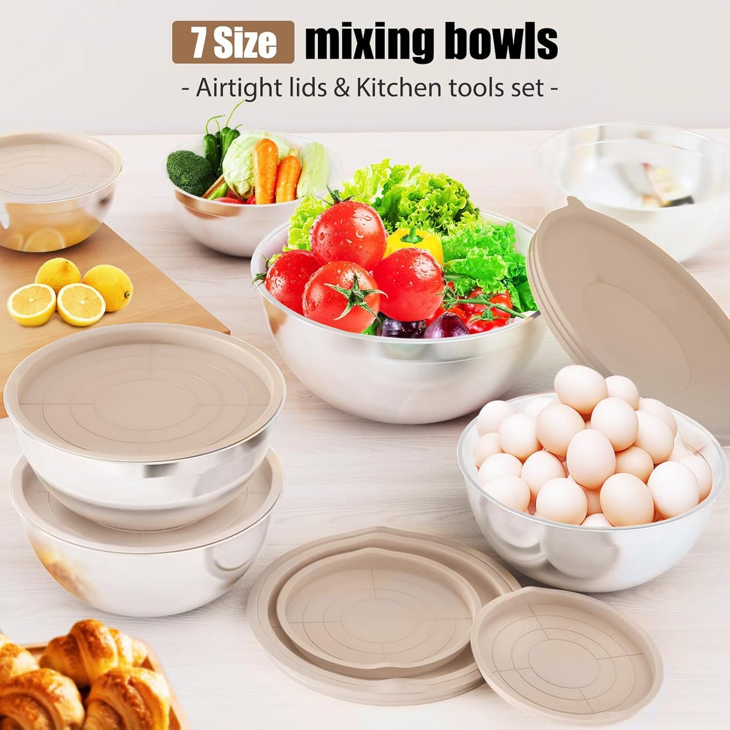 ENVTEK Mixing Bowls with Lids Set, 7 PCS Stainless Steel Mixing Bowls with 3 Grater Attachments, Size 4.5, 4, 3.5, 2.1, 1.5, 1.1, 0.7QT, Ideal for Kitchen Cooking Baking & Serving