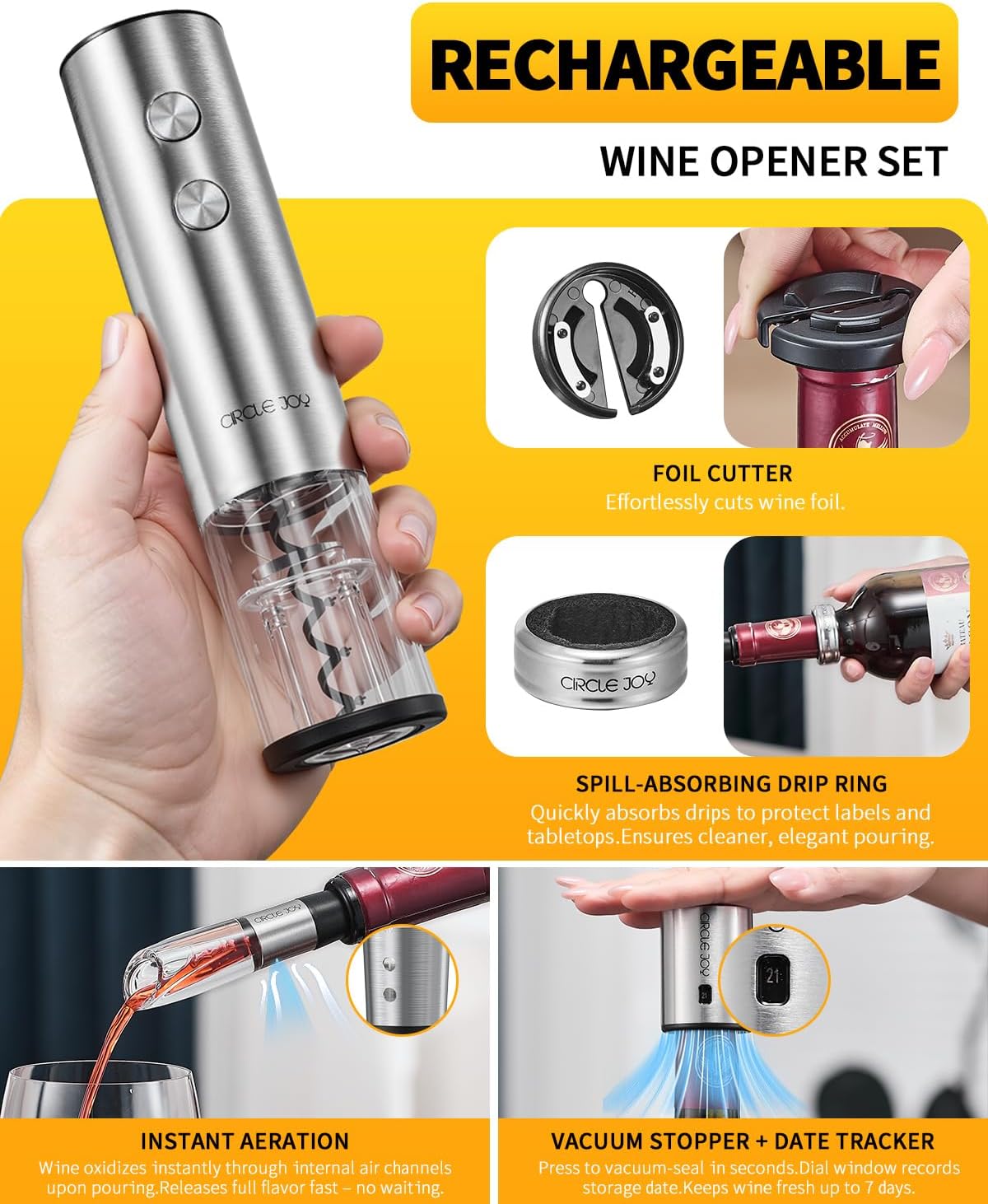 CIRCLE JOY Electric Wine Opener Stainless Steel Rechargeable Automatic Wine Bottle Opener Set 7-in-1 Wine Gifts for Wine Lovers with Charging Base, Foil Cutter, Wine Aerator Pourer & 2 Vacuum Stoppers