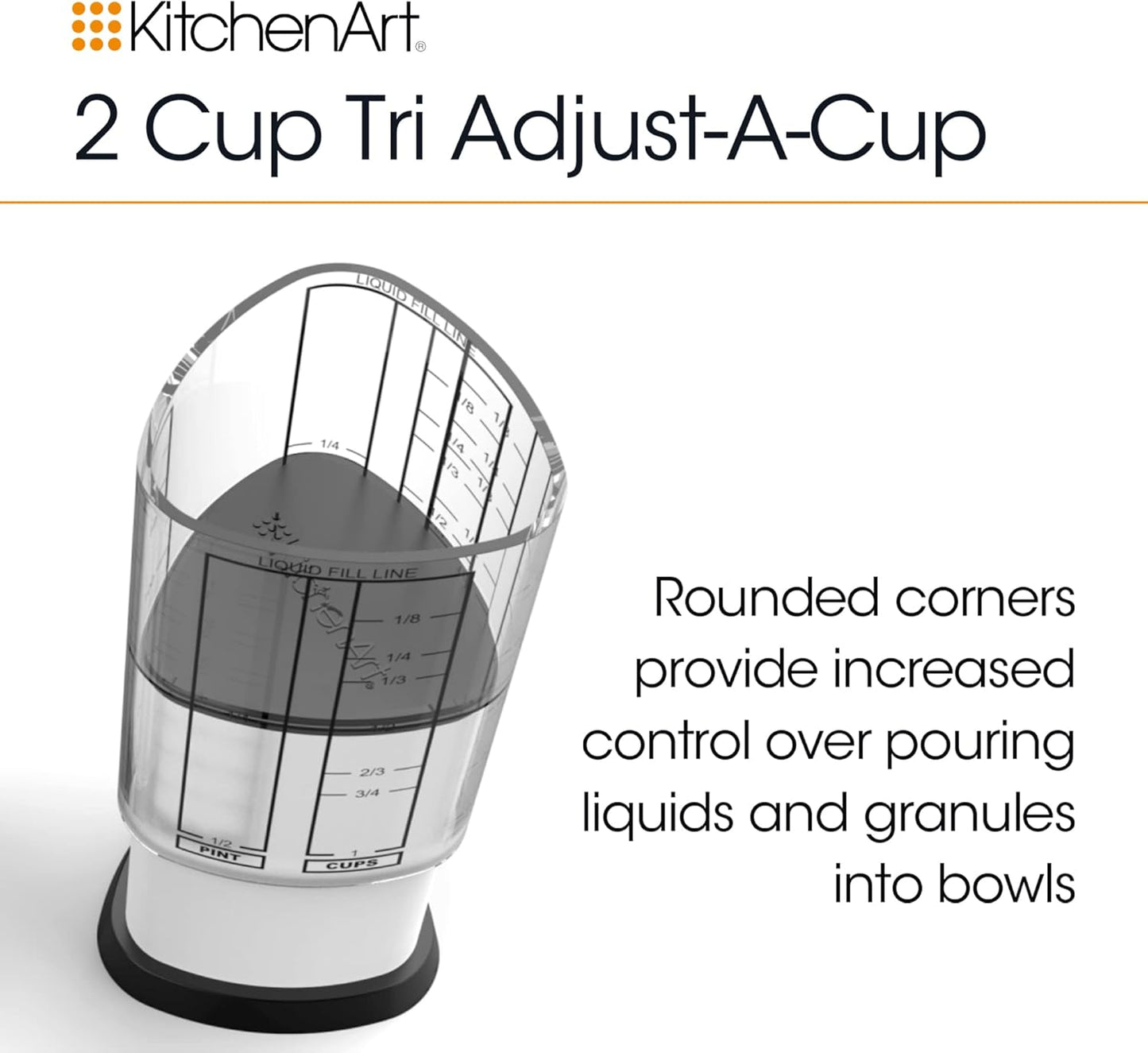 KitchenArt 2 Cup Tri Adjust A-Cup, Easy Pour Measuring Cup, 3.25x3.25x6", Black/White