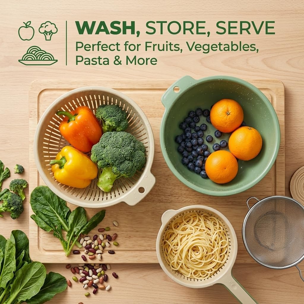 Fruits Vegetables Washing Basket, Double Layer Drain Basket Set for Kitchen Strainer Colander Bowl Cleaning Washing Mixing for Food Fruit Vegetables Pasta Spaghetti（Green）