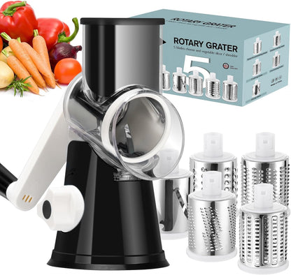 Ourokhome Rotary Cheese Grater Hand Crank, Kitchen Shredder Speed Mandolin Slicer Nut Grinder with Handle and Drum Blades for Cheese, Vegetable, Walnut, Chocolate, Potato, Carrot, 3 Blades, Dark Blue