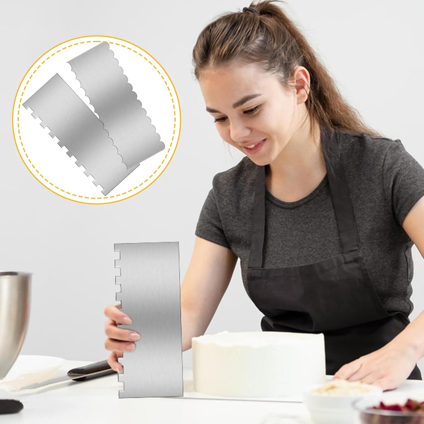 9 Inch Stainless Steel Cake Scraper Set Metal Cake Scraper Large Double Sided Patterned Stripe Edge Smoother for Mousse, Cream Decoration (2 PCS)