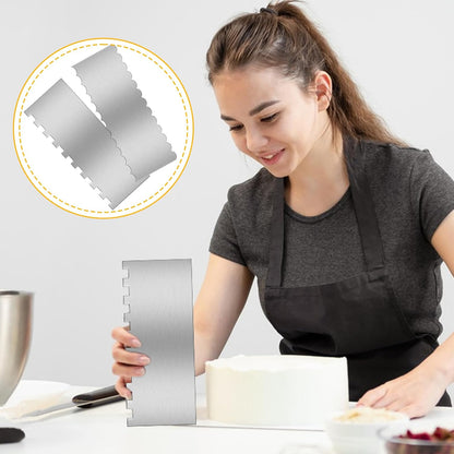 9 Inch Stainless Steel Cake Scraper Set Metal Cake Scraper Large Double Sided Patterned Stripe Edge Smoother for Mousse, Cream Decoration (2 PCS)
